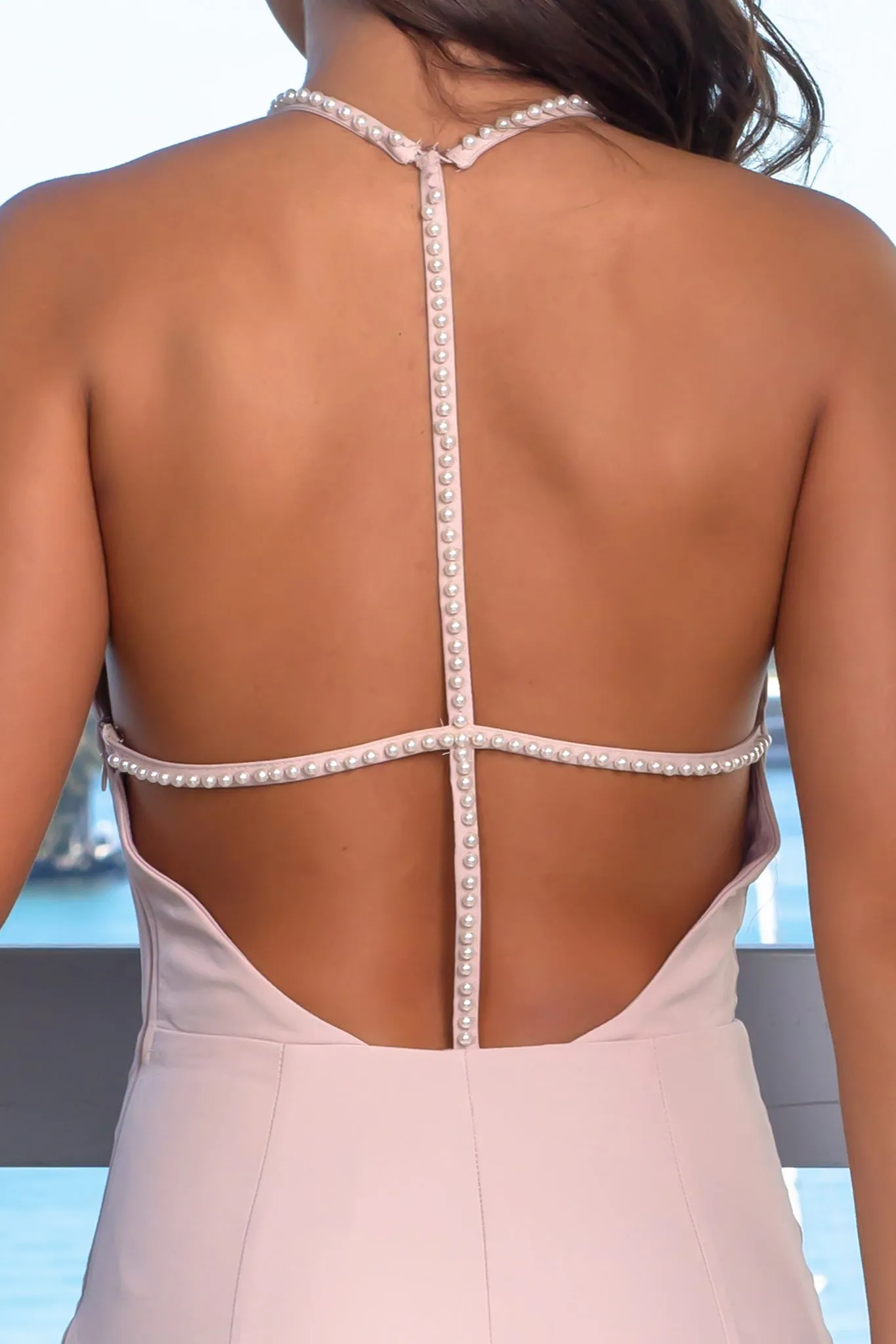 Beige Maxi Dress with Strappy Back and Pearl Detail