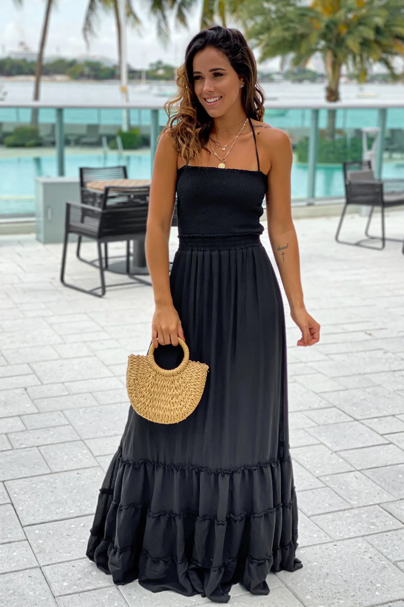 Black Smocked Maxi Dress with Strappy Back