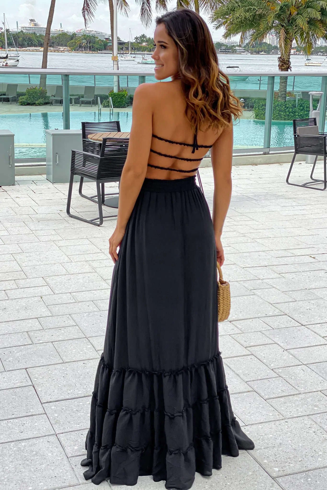 Black Smocked Maxi Dress with Strappy Back