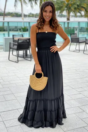 Black Smocked Maxi Dress with Strappy Back