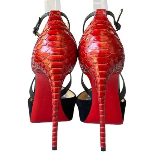 CHRISTIAN LOUBOUTIN Cross Me Black Suede & Red Python Platform Sandals, Size 37.5