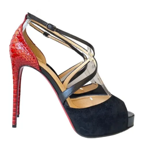 CHRISTIAN LOUBOUTIN Cross Me Black Suede & Red Python Platform Sandals, Size 37.5