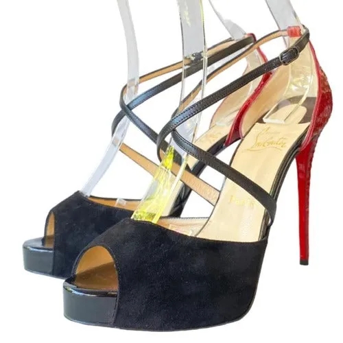 CHRISTIAN LOUBOUTIN Cross Me Black Suede & Red Python Platform Sandals, Size 37.5
