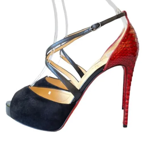 CHRISTIAN LOUBOUTIN Cross Me Black Suede & Red Python Platform Sandals, Size 37.5