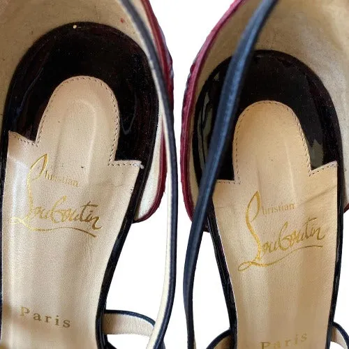 CHRISTIAN LOUBOUTIN Cross Me Black Suede & Red Python Platform Sandals, Size 37.5
