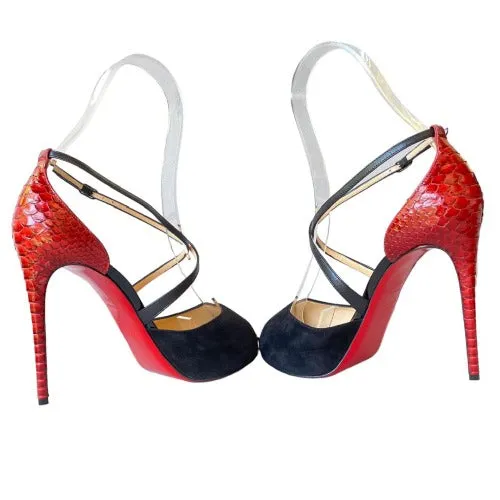 CHRISTIAN LOUBOUTIN Cross Me Black Suede & Red Python Platform Sandals, Size 37.5