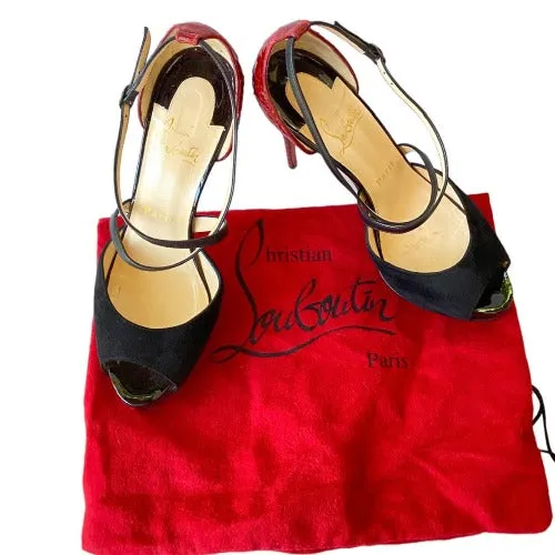 CHRISTIAN LOUBOUTIN Cross Me Black Suede & Red Python Platform Sandals, Size 37.5