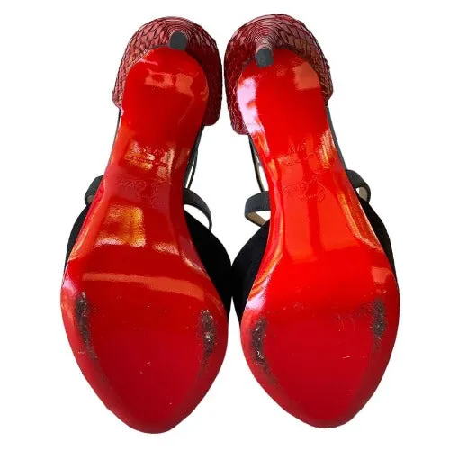 CHRISTIAN LOUBOUTIN Cross Me Black Suede & Red Python Platform Sandals, Size 37.5