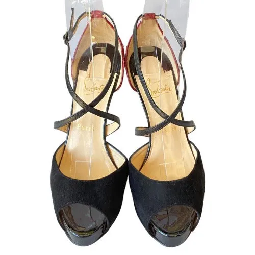 CHRISTIAN LOUBOUTIN Cross Me Black Suede & Red Python Platform Sandals, Size 37.5