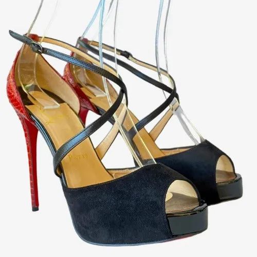 CHRISTIAN LOUBOUTIN Cross Me Black Suede & Red Python Platform Sandals, Size 37.5