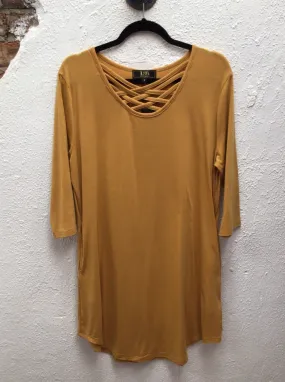 Dark Mustard Basic Strappy Flutter Dress W/Pockets