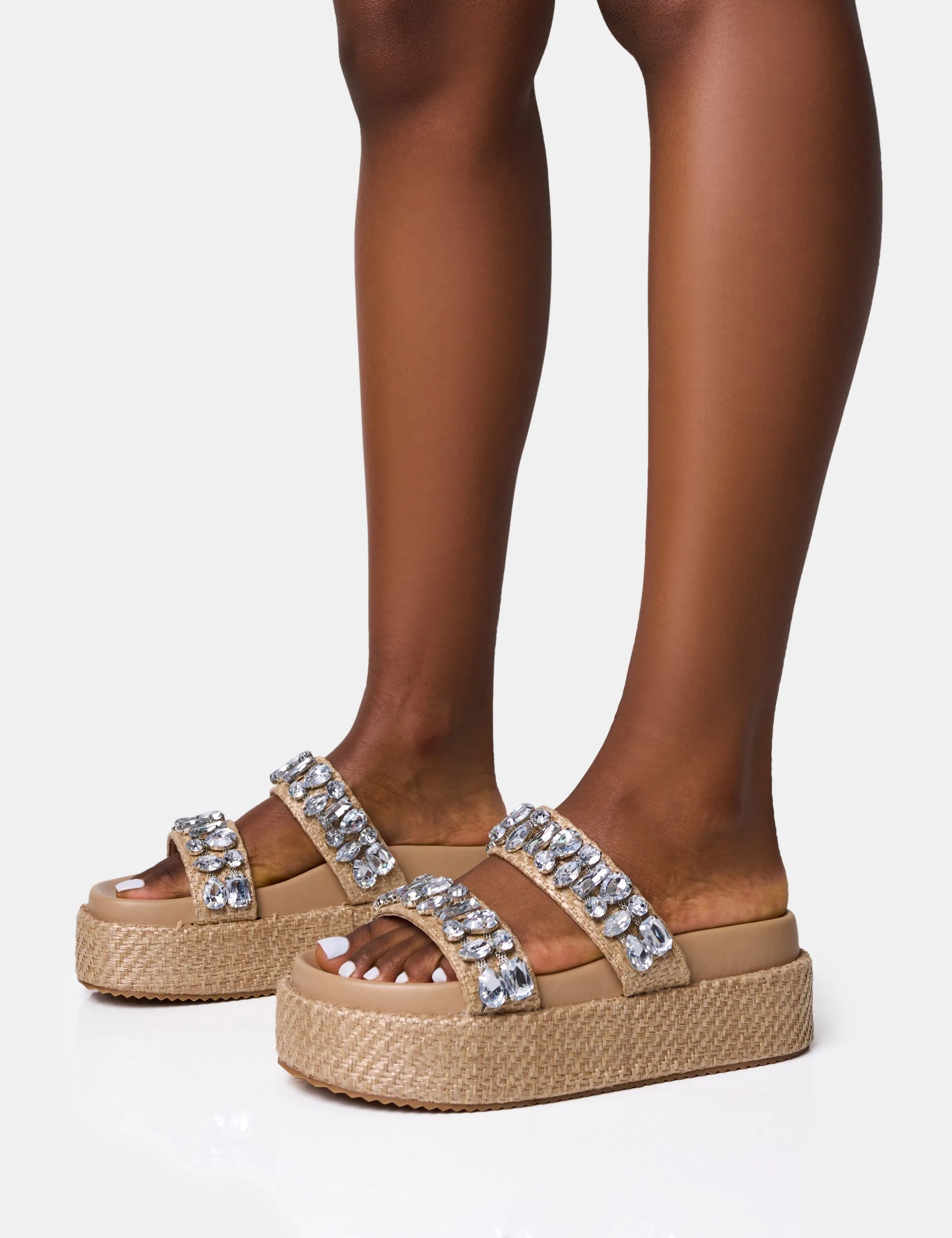 Duchess Natural Raffia Double Strap Platform Slider Sandals