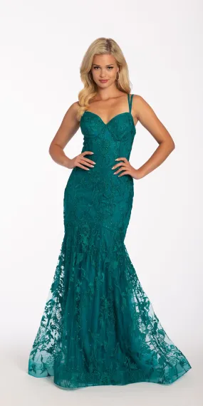 Embroidered Illusion Strappy Back Mermaid Dress