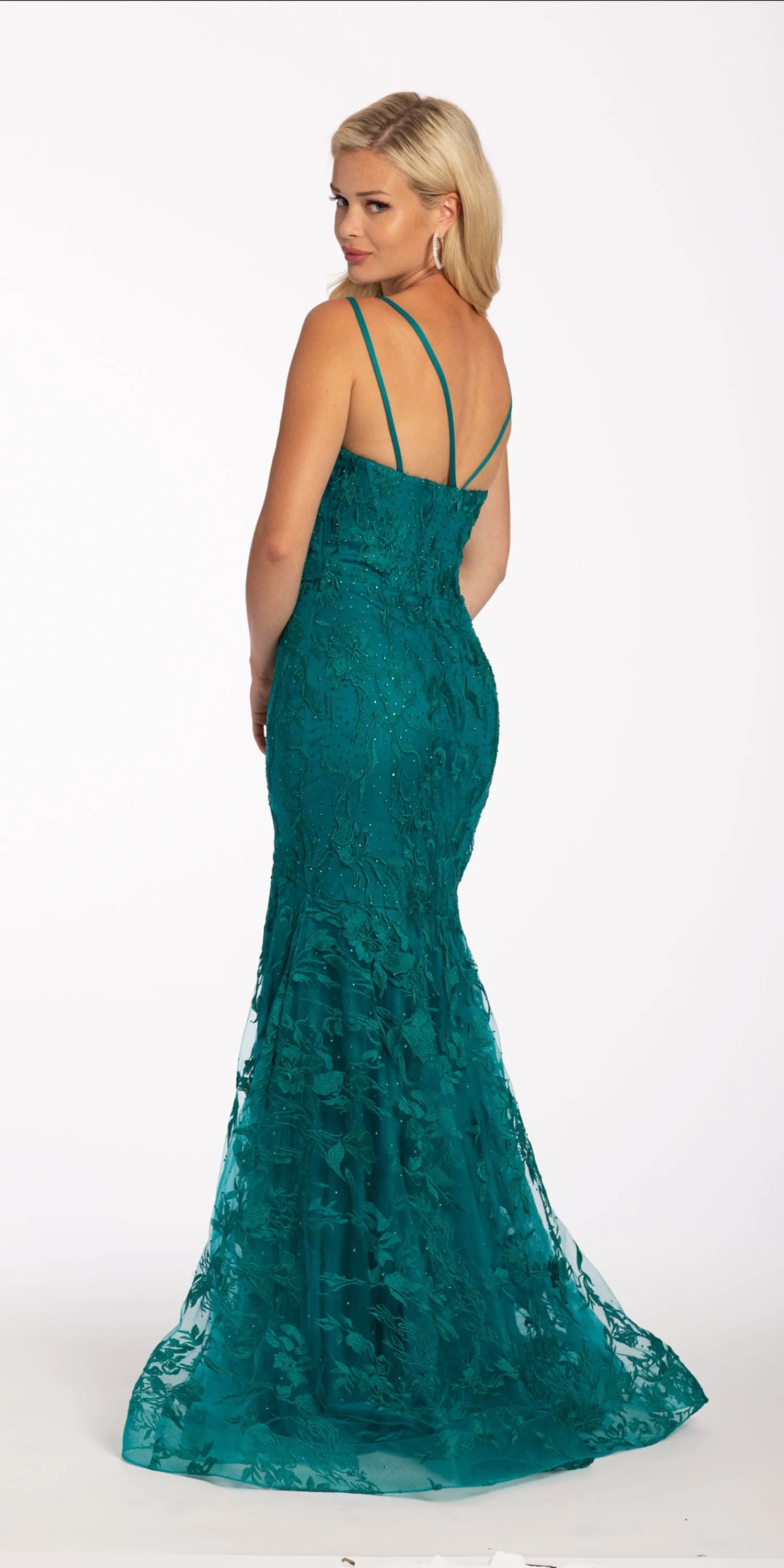 Embroidered Illusion Strappy Back Mermaid Dress