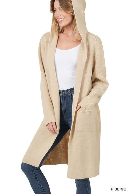 Essential Hooded Open Front Long Cardigan
