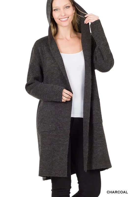 Essential Hooded Open Front Long Cardigan