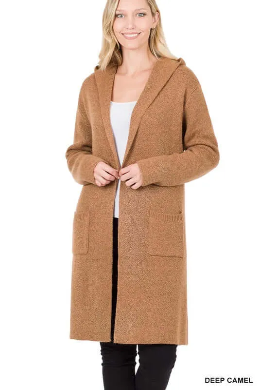 Essential Hooded Open Front Long Cardigan