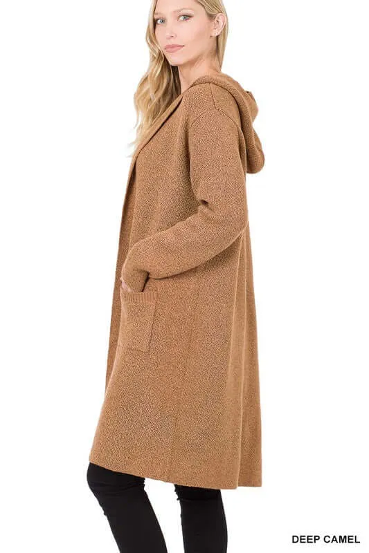 Essential Hooded Open Front Long Cardigan