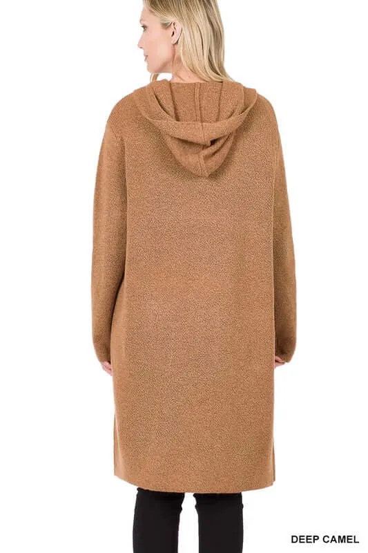 Essential Hooded Open Front Long Cardigan