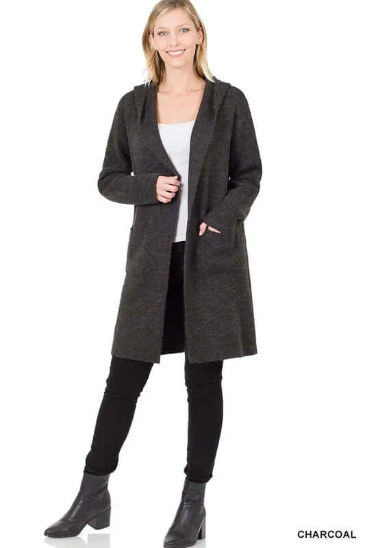 Essential Hooded Open Front Long Cardigan
