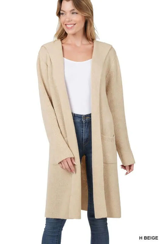 Essential Hooded Open Front Long Cardigan