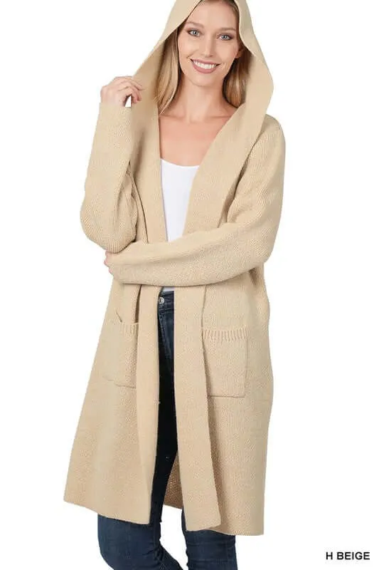Essential Hooded Open Front Long Cardigan