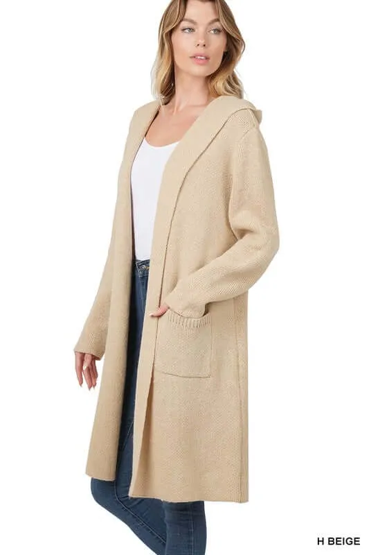 Essential Hooded Open Front Long Cardigan