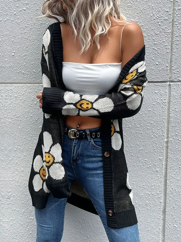 Floral Knitted Button Mid-Length Cardigan