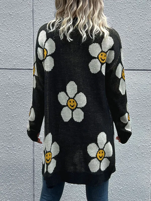 Floral Knitted Button Mid-Length Cardigan