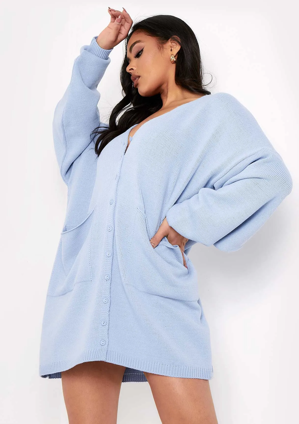 Freya Blue Knitted Oversized Button Through V-Neck Cardigan Dress