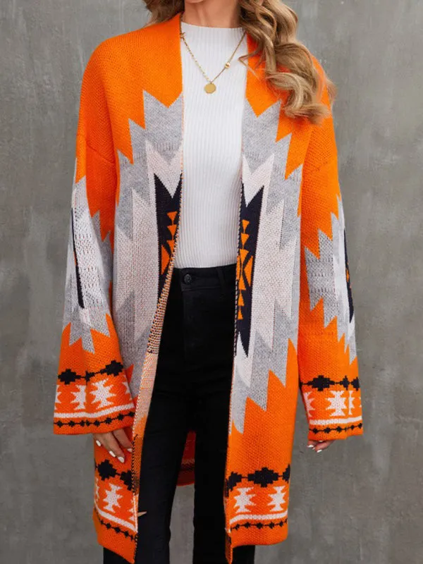 Geo Knitted Open Front Longline Cardigan