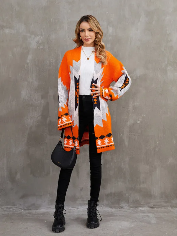 Geo Knitted Open Front Longline Cardigan