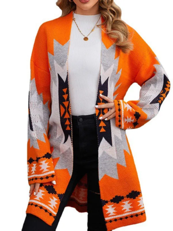 Geo Knitted Open Front Longline Cardigan