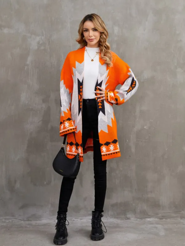 Geo Knitted Open Front Longline Cardigan