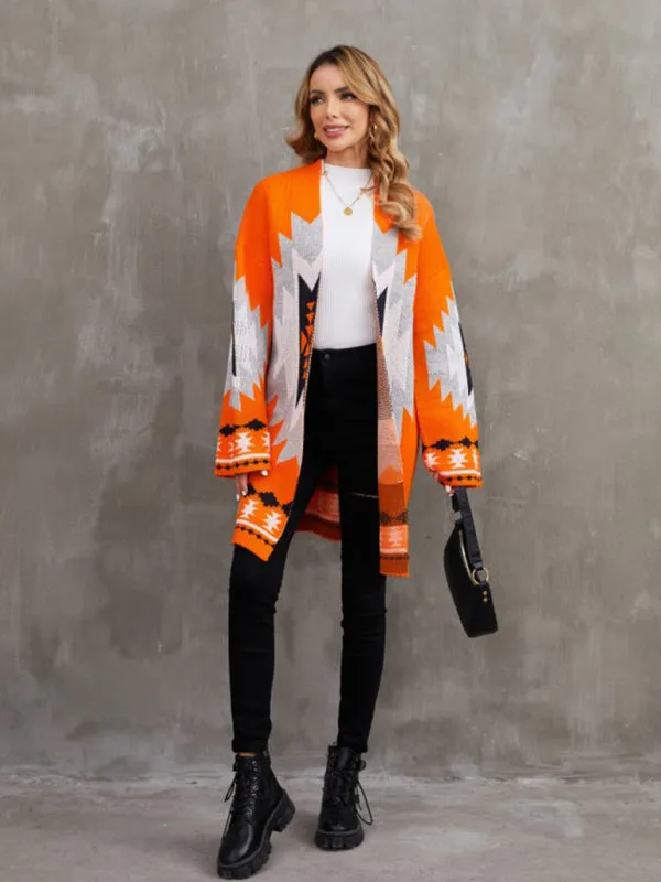 Geo Knitted Open Front Longline Cardigan