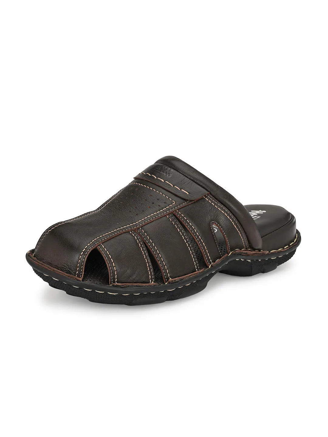 Hitz Men's Brown Leather Comfort Slippers