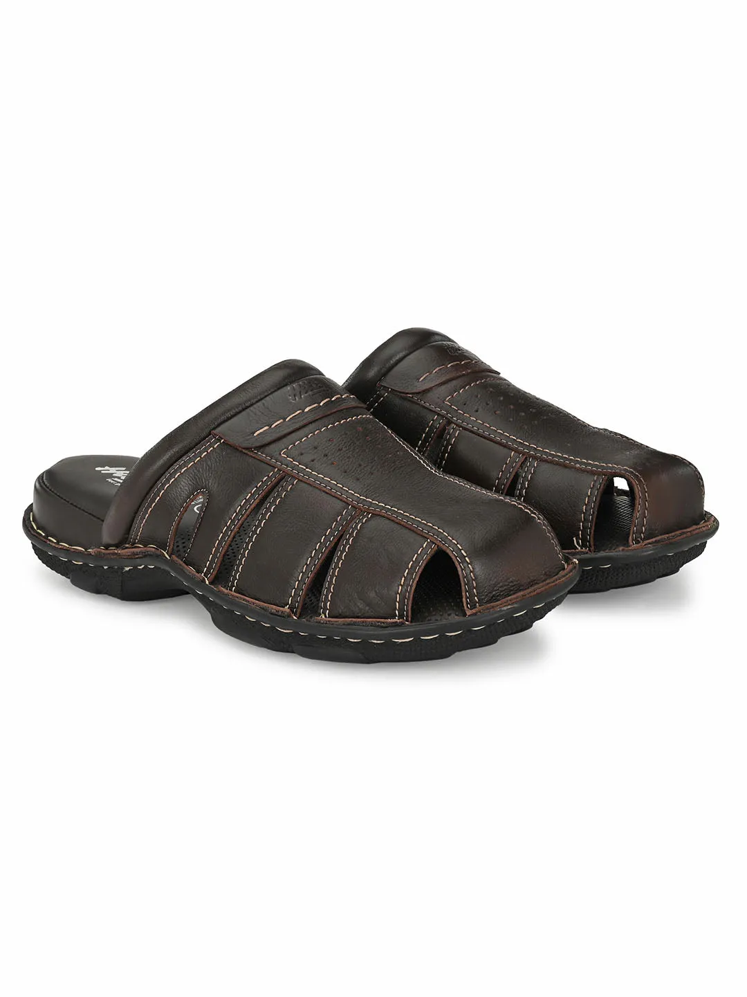 Hitz Men's Brown Leather Comfort Slippers