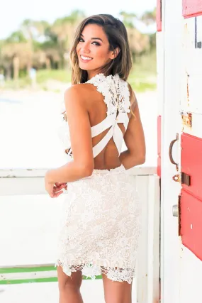 Ivory and Nude Crochet Short Dress with Strappy Back