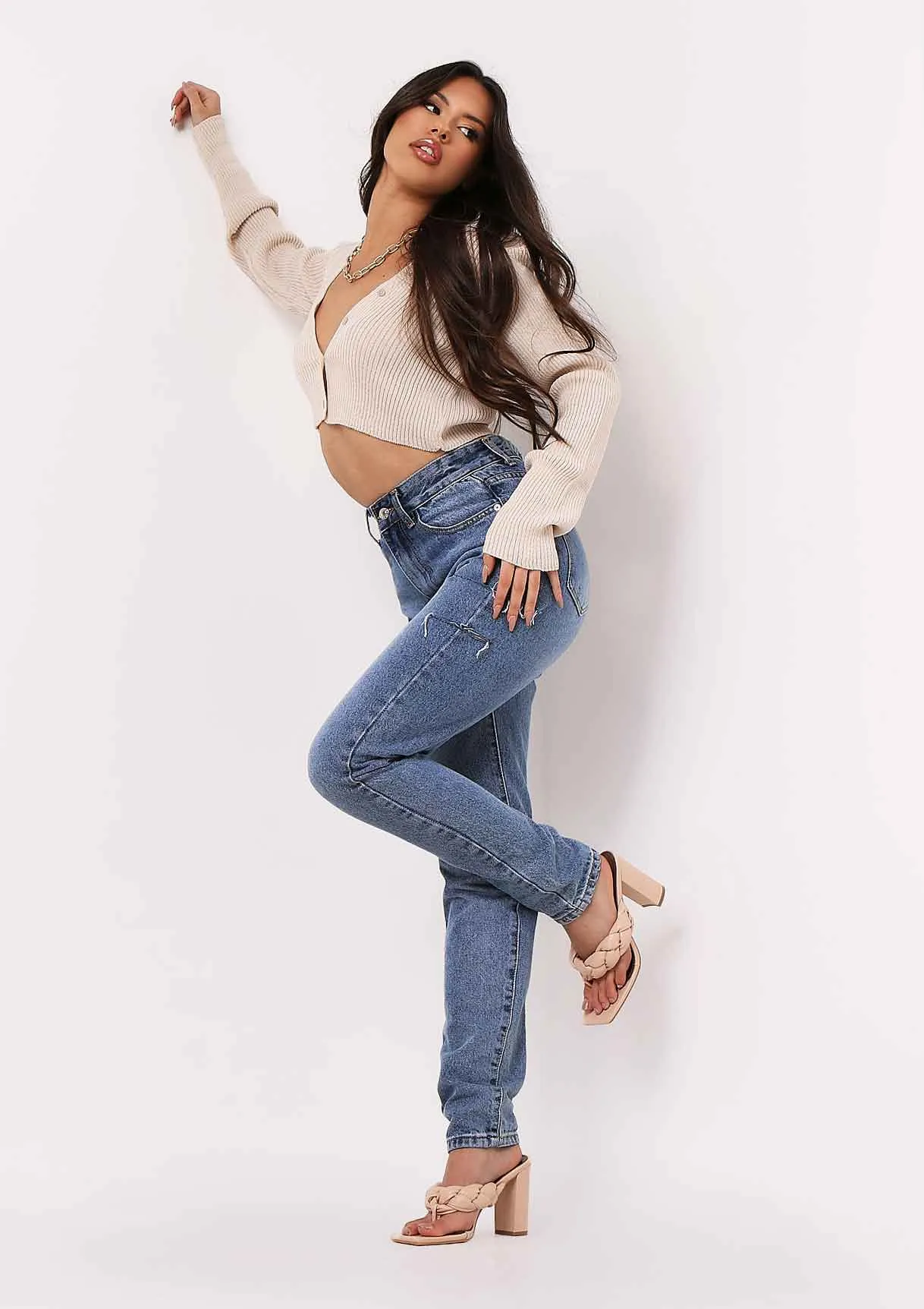 Jalia Stone Super Cropped Ribbed Knitted Cardigan