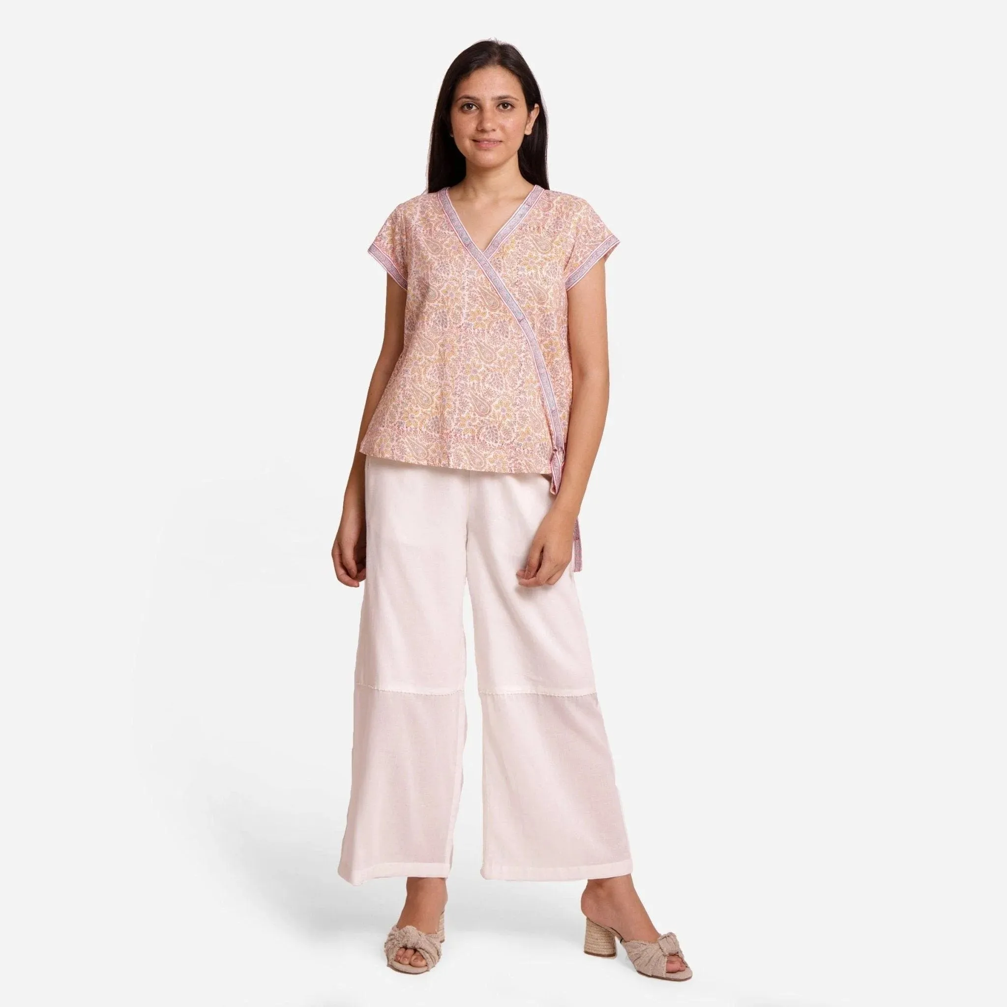 Light Yellow Paisley Block Printed Cotton Wrap Top