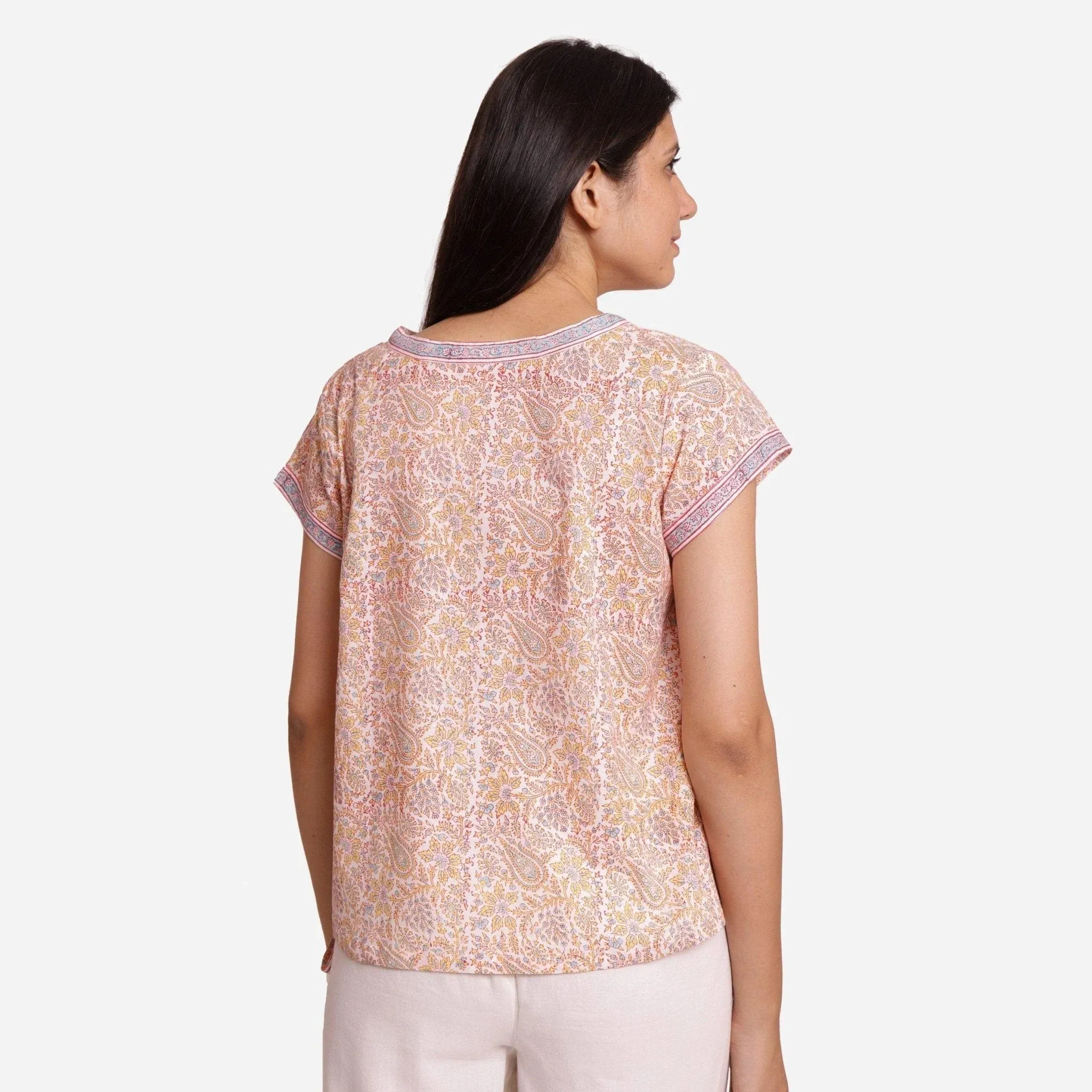 Light Yellow Paisley Block Printed Cotton Wrap Top