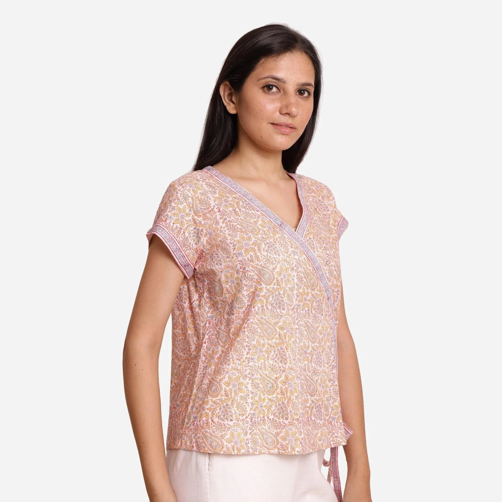 Light Yellow Paisley Block Printed Cotton Wrap Top