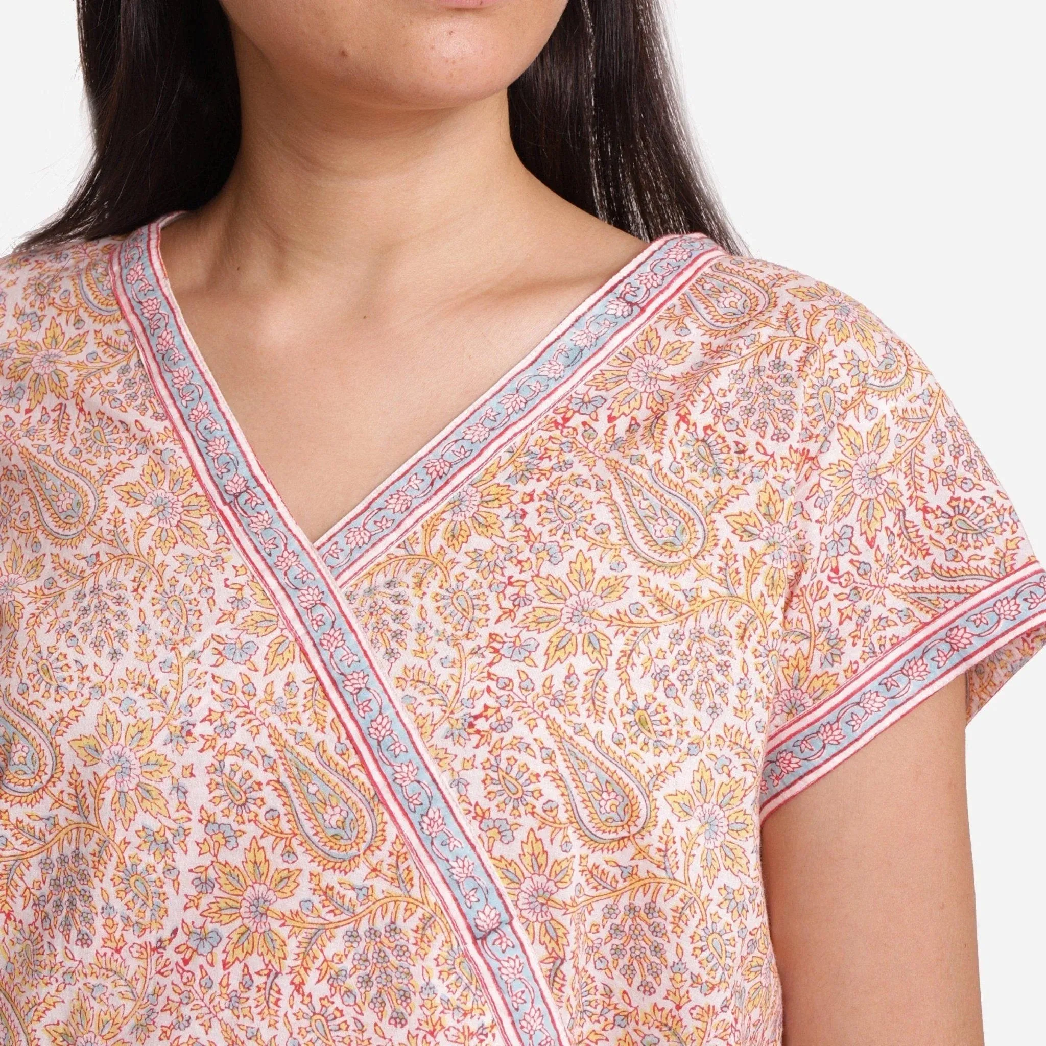 Light Yellow Paisley Block Printed Cotton Wrap Top