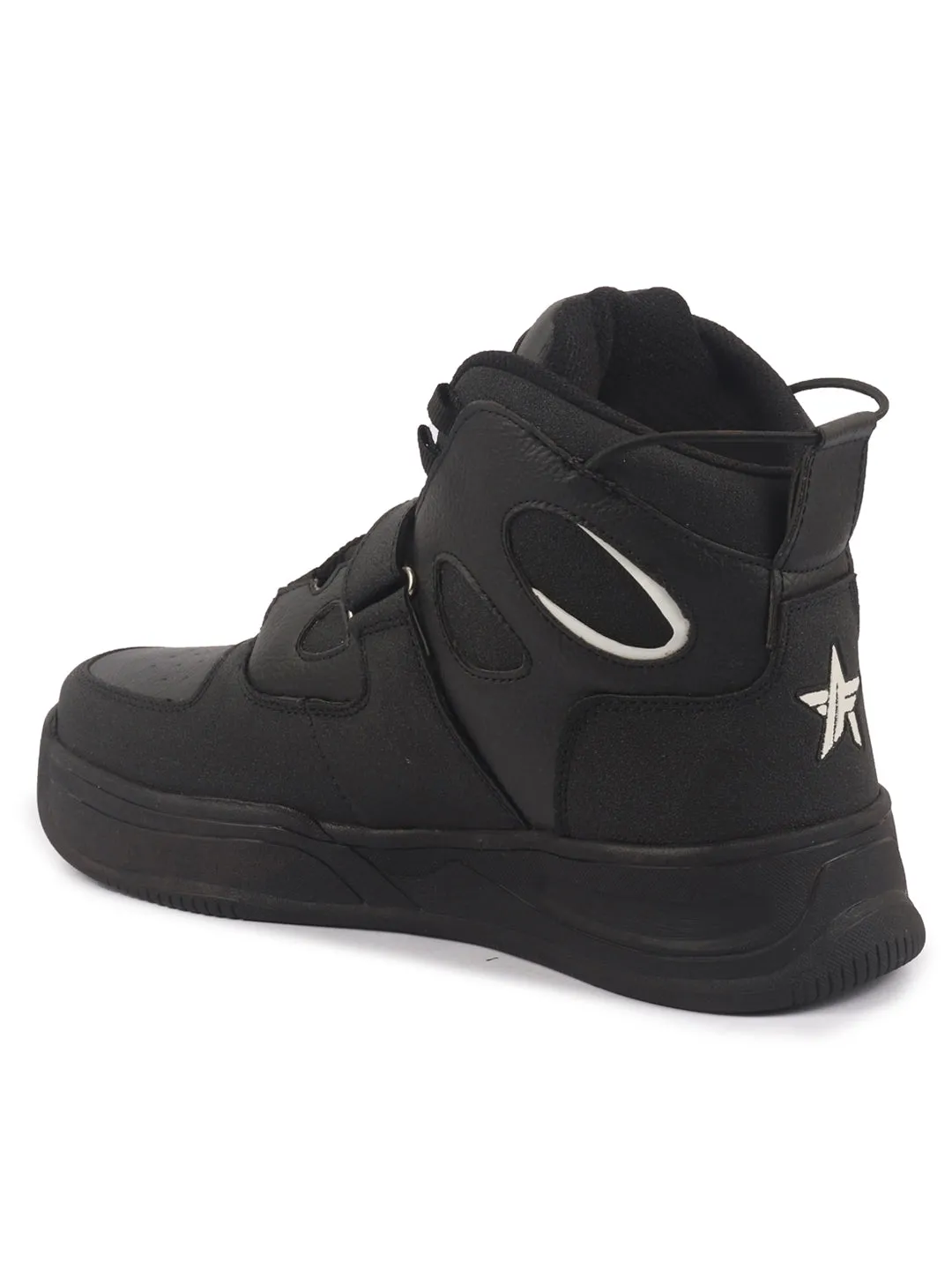 Men Black High Ankle Casual Chunky Lace Up Sneakers with Hook and Loop Closure Strap|Rubber Outsole High Top Basketball Shoes