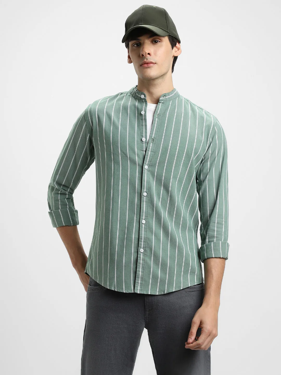 Men's Mandarin Collar Slim Fit Stripes Green Casual Shirts