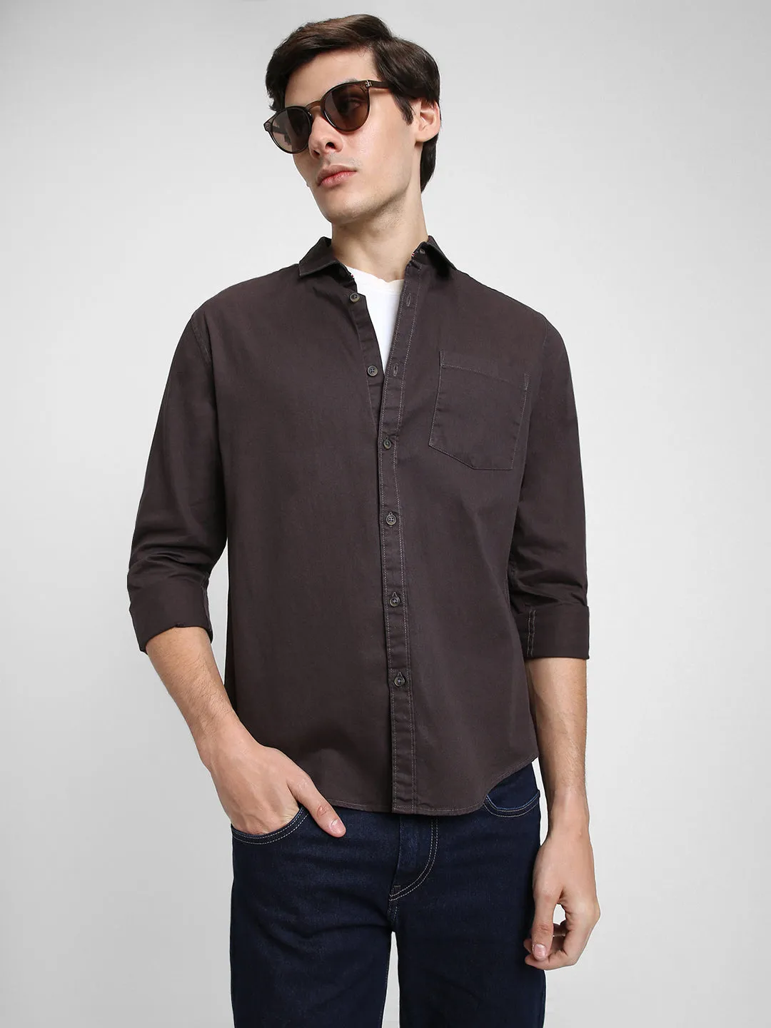Men's Regular Collar Regular Fit Solid Charcoal Casual Shirts