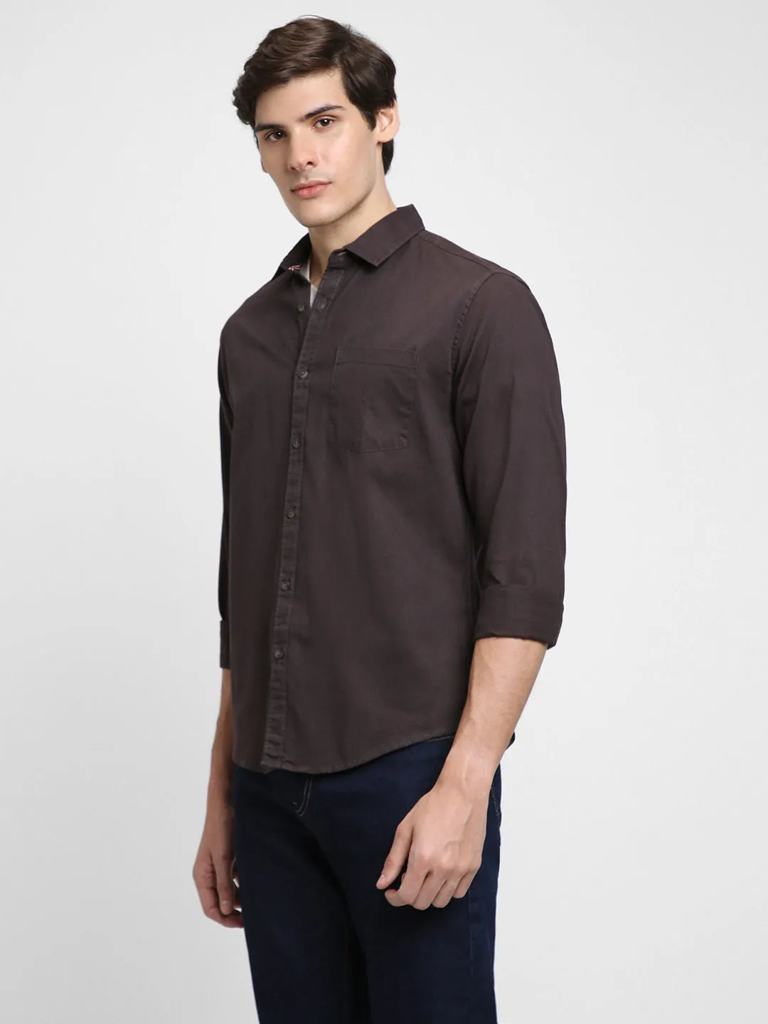 Men's Regular Collar Regular Fit Solid Charcoal Casual Shirts