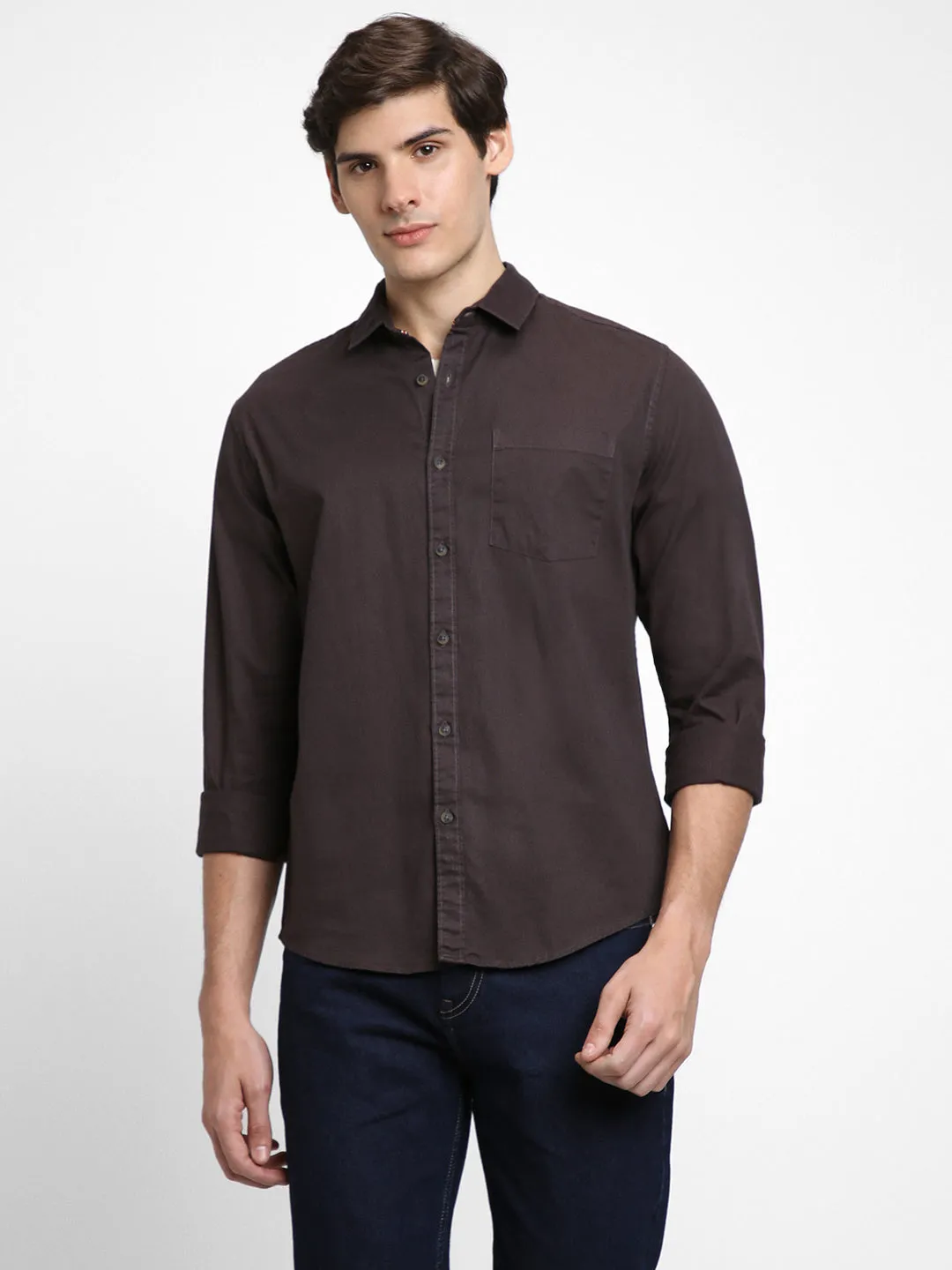 Men's Regular Collar Regular Fit Solid Charcoal Casual Shirts