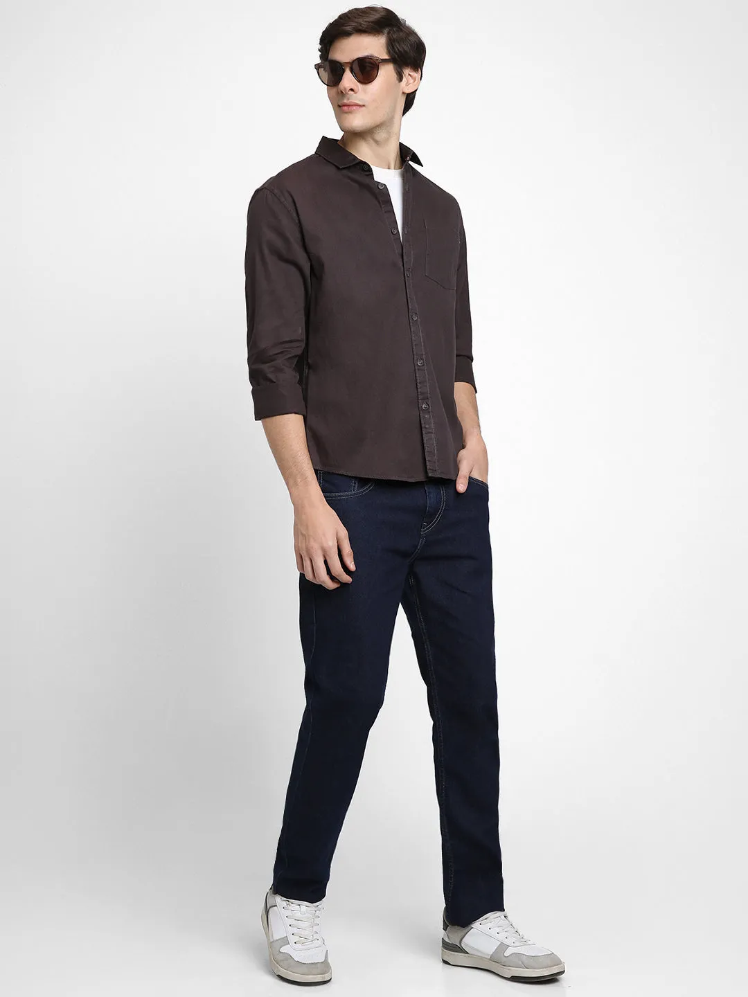 Men's Regular Collar Regular Fit Solid Charcoal Casual Shirts