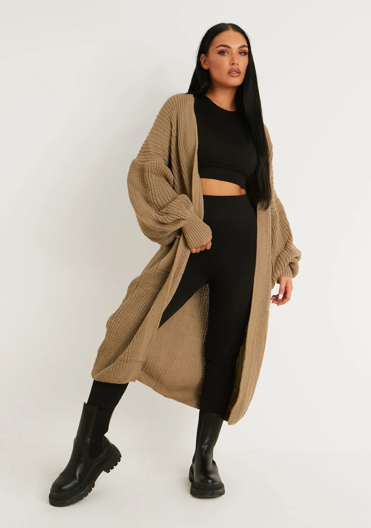 Nathalie Mocha Balloon Sleeve Knitted Cardigan